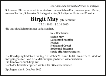 Traueranzeige von Birgit May 