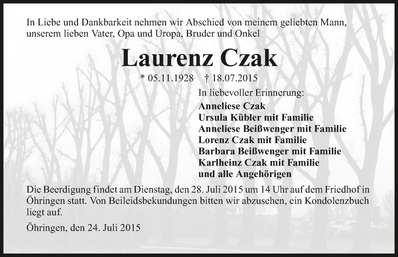  Traueranzeige für Laurenz Czak vom 24.07.2015 aus 