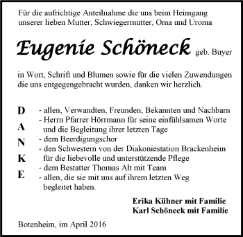 Traueranzeige von Eugenie Schöneck 