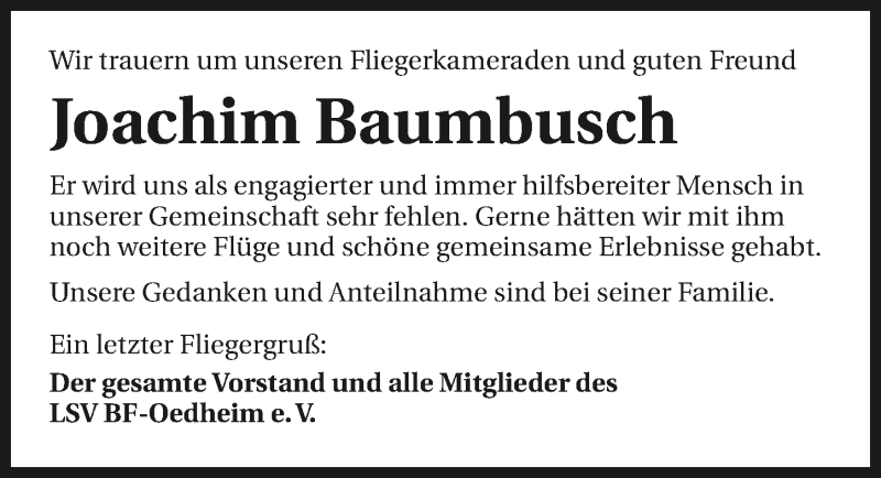  Traueranzeige für Joachim Baumbusch vom 12.08.2015 aus 