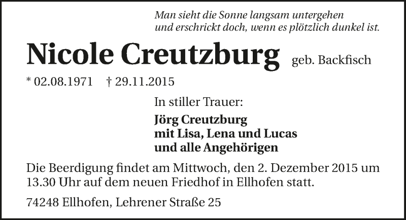  Traueranzeige für Nicole Creutzburg vom 30.11.2015 aus 