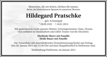 Traueranzeige von Hildegard Pratschke 