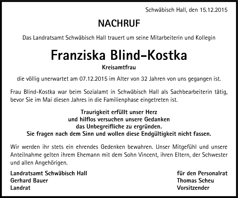  Traueranzeige für Franziska Blind-Kostka vom 16.12.2015 aus 