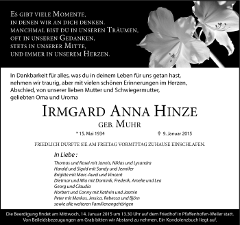 Traueranzeige von Imgard Anna Hinze 