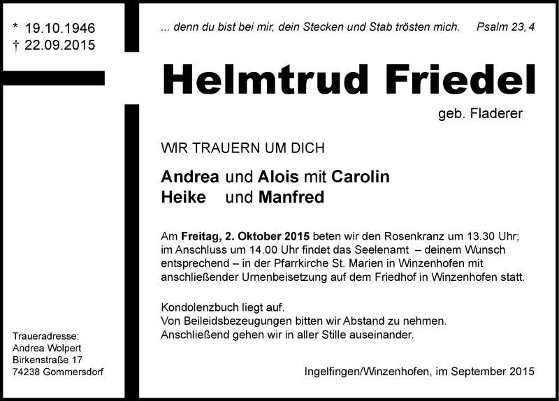  Traueranzeige für Helmtrud Friedel vom 29.09.2015 aus 