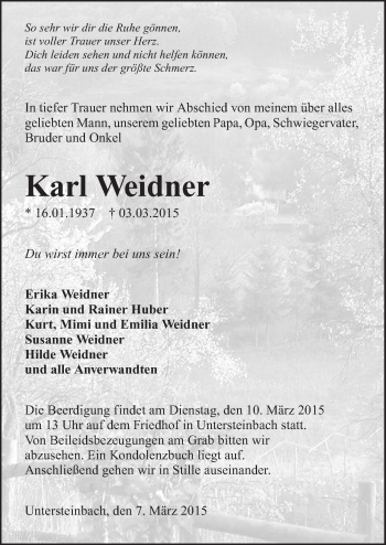 Traueranzeige von Karl Weidner 