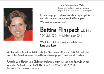 Traueranzeige von Bettina Flinspach 