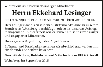 Traueranzeige von Ekkehard Lesinger 