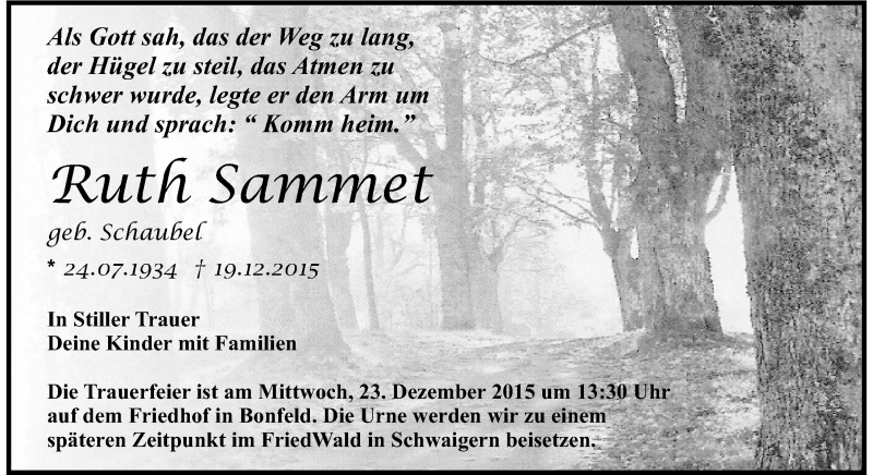  Traueranzeige für Ruth Sammet vom 22.12.2015 aus 