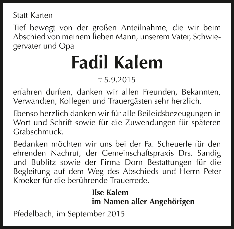  Traueranzeige für Fadil Kalem vom 19.09.2015 aus 