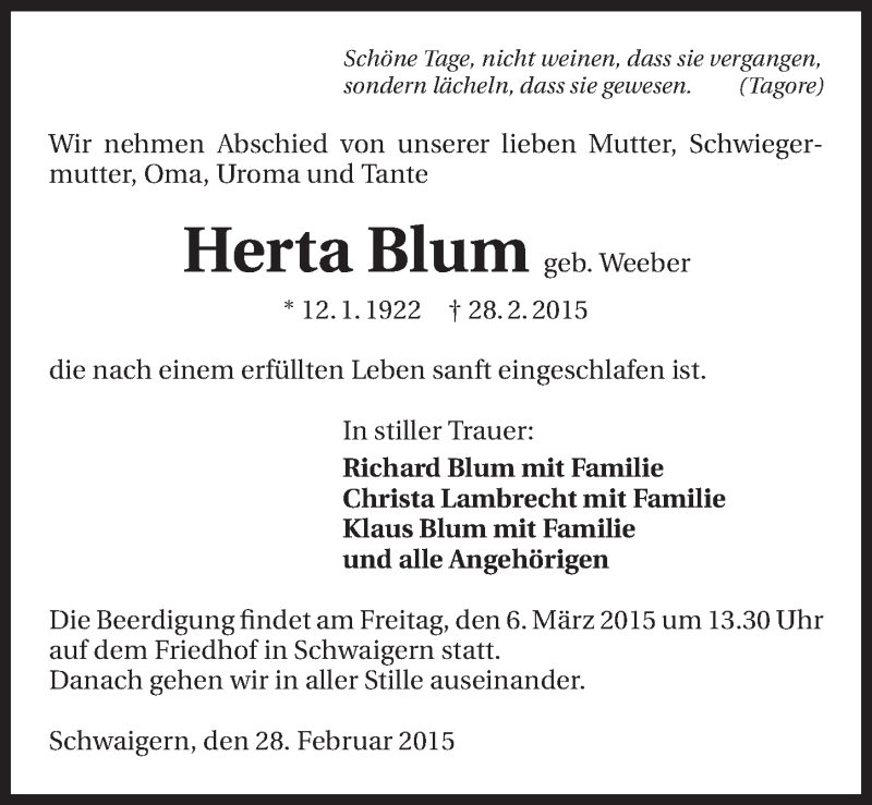  Traueranzeige für Herta Blum vom 04.03.2015 aus 
