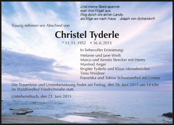 Traueranzeige von Christel Tyderle 