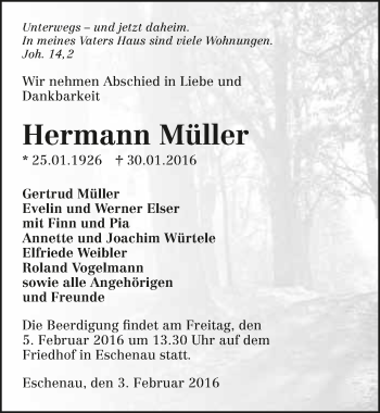 Traueranzeige von Hermann Müller 
