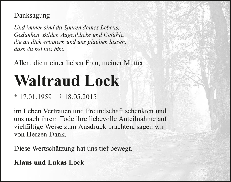  Traueranzeige für Waltraud Lock vom 10.06.2015 aus 