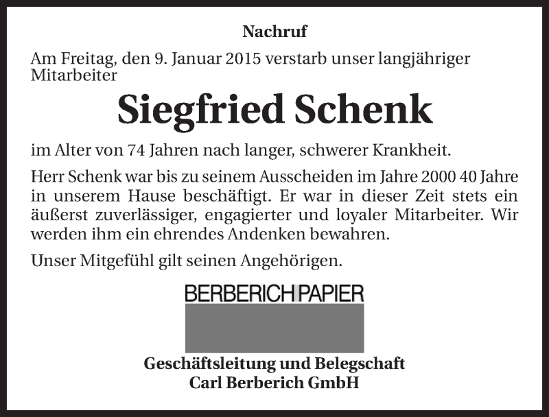  Traueranzeige für Siegfried Schenk vom 22.01.2015 aus 