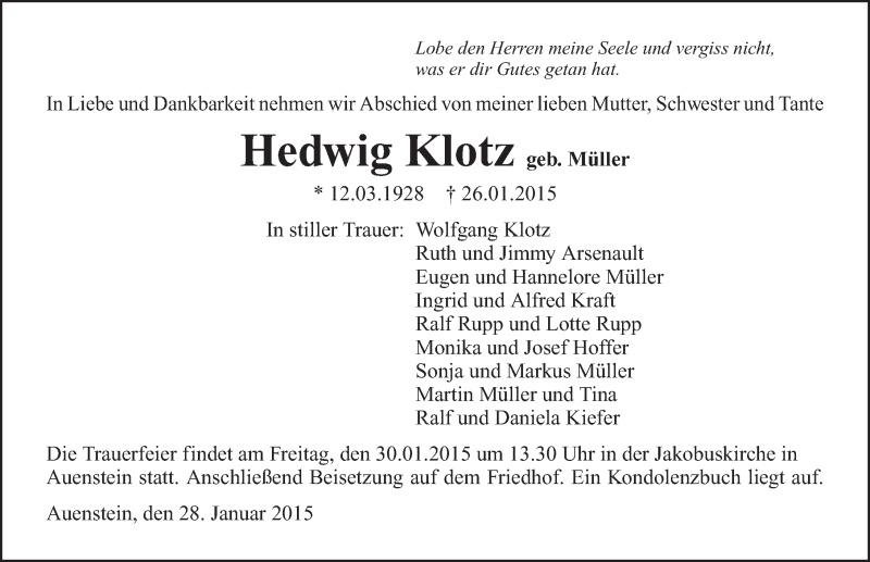  Traueranzeige für Hedwig Klotz vom 28.01.2015 aus 
