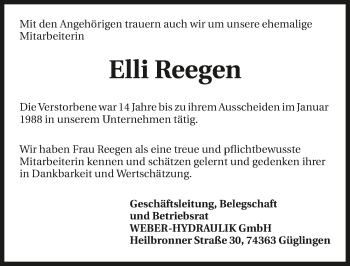 Traueranzeige von Elli Reegen 