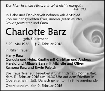 Traueranzeige von Charlotte Barz 