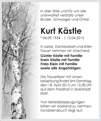 Traueranzeige von Kurt Kästle 