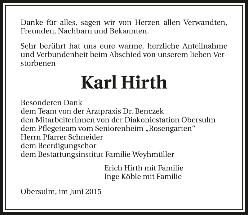  Traueranzeige für Karl Hirth vom 18.06.2015 aus 
