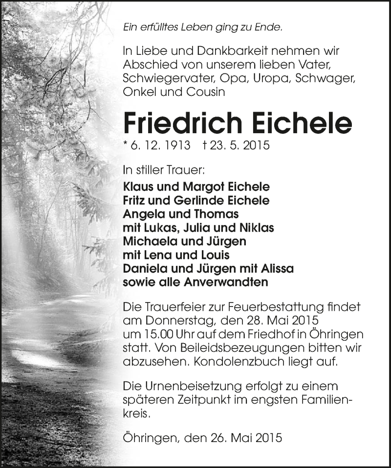  Traueranzeige für Friedrich Eichele vom 26.05.2015 aus 