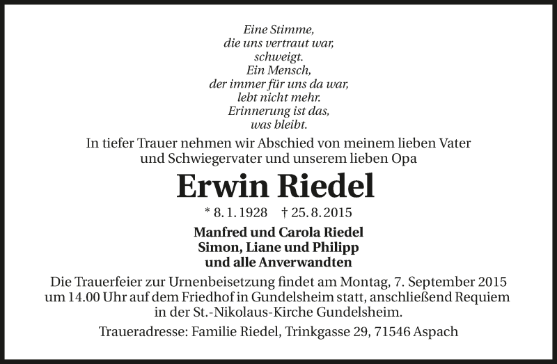  Traueranzeige für Erwin Riedel vom 03.09.2015 aus 