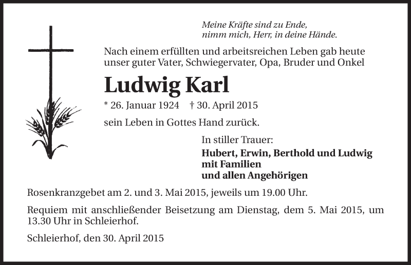 Traueranzeige für Ludwig Karl vom 02.05.2015 aus 