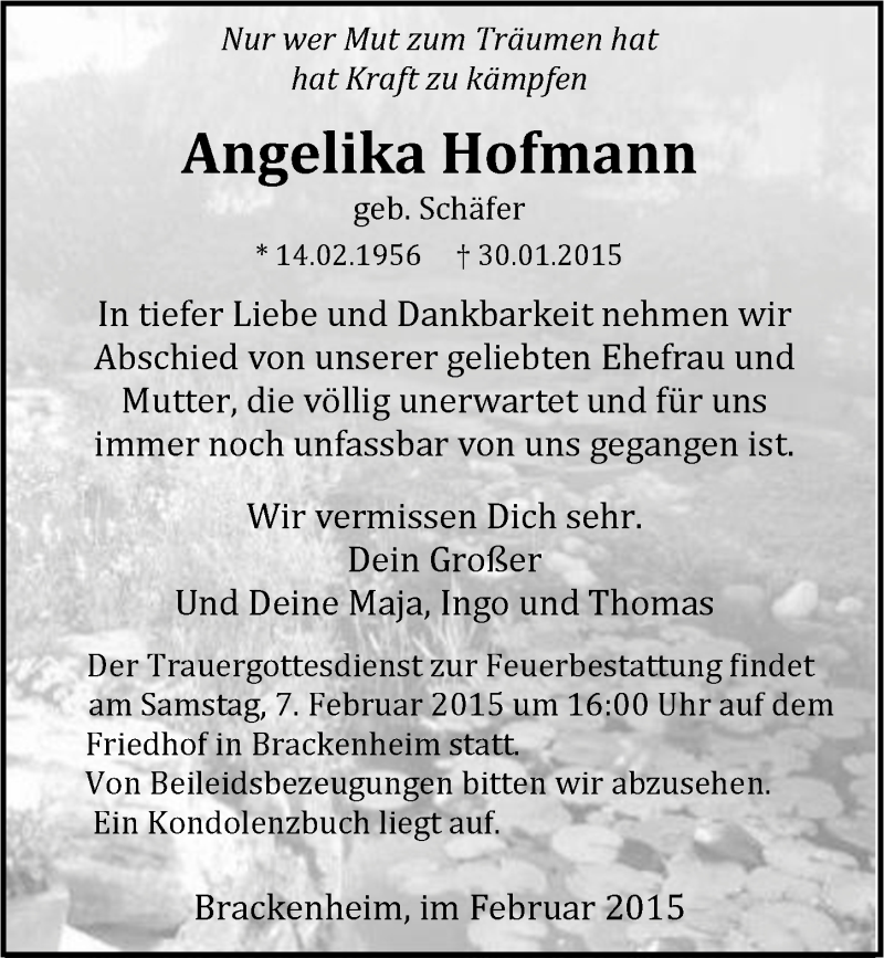  Traueranzeige für Angelika Hofmann vom 04.02.2015 aus 