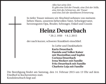 Traueranzeige von Heinz Deuerbach 