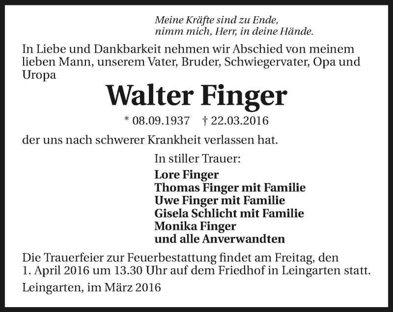  Traueranzeige für Walter Finger vom 26.03.2016 aus 