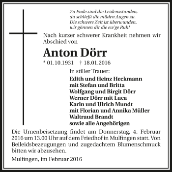 Traueranzeige von Anton Dörr 