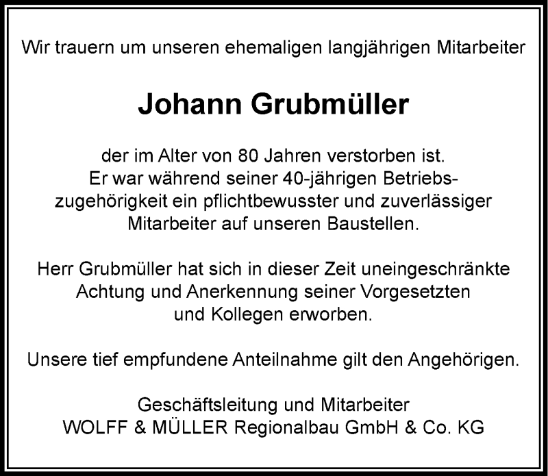 Traueranzeige für Johann Grubmüller vom 26.10.2015 aus 
