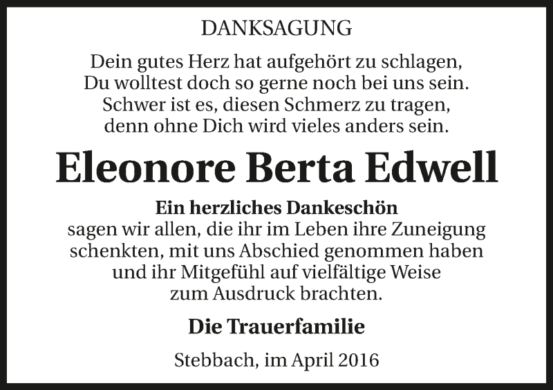 Traueranzeige für Eleonore Berta Edwell vom 30.04.2016 aus 