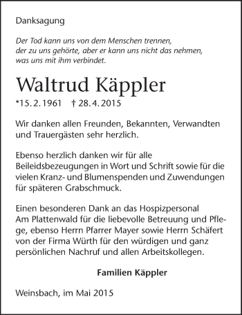Traueranzeige von Waltrud Käppler 