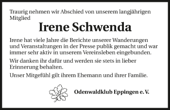 Traueranzeige von Irene Schwenda 