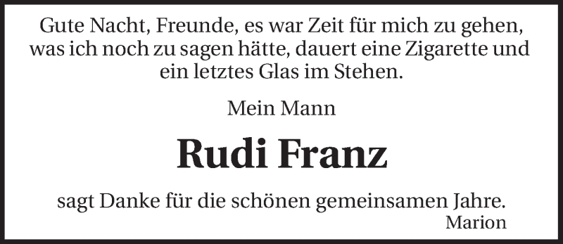  Traueranzeige für Rudi Franz vom 14.04.2015 aus 