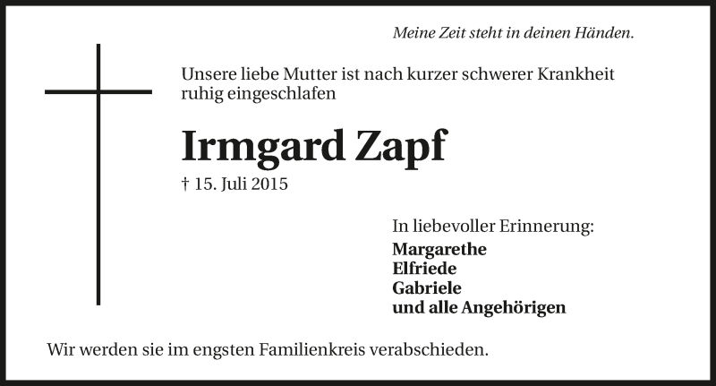  Traueranzeige für Irmgard Zapf vom 18.07.2015 aus 