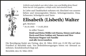 Traueranzeige von Elisabeth Walter 