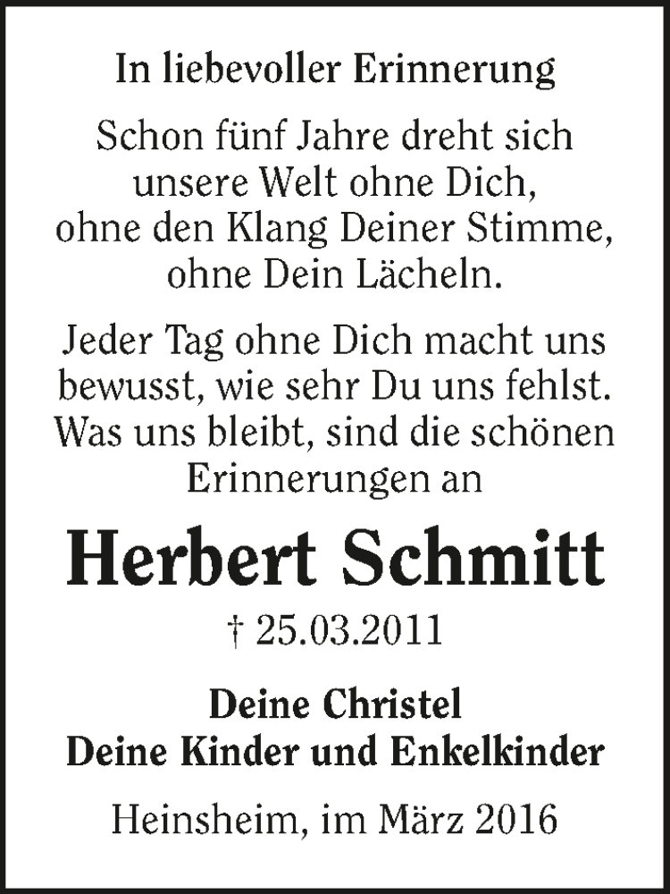  Traueranzeige für Herbert Schmitt vom 24.03.2016 aus 