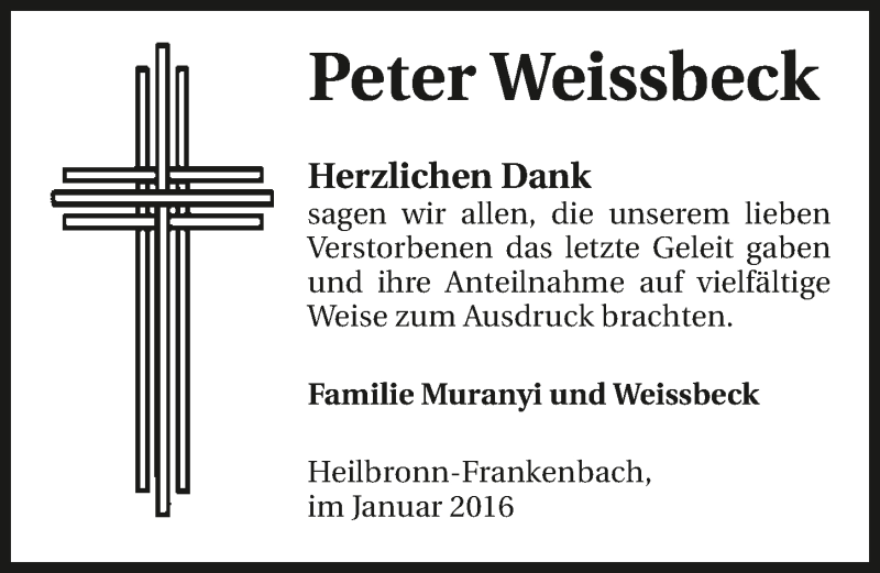  Traueranzeige für Peter Weissbeck vom 16.01.2016 aus 