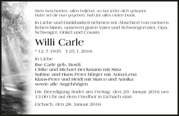 Traueranzeige von Willi Carle 