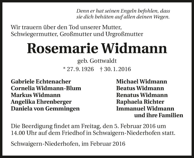  Traueranzeige für Rosemarie Widmann vom 03.02.2016 aus 
