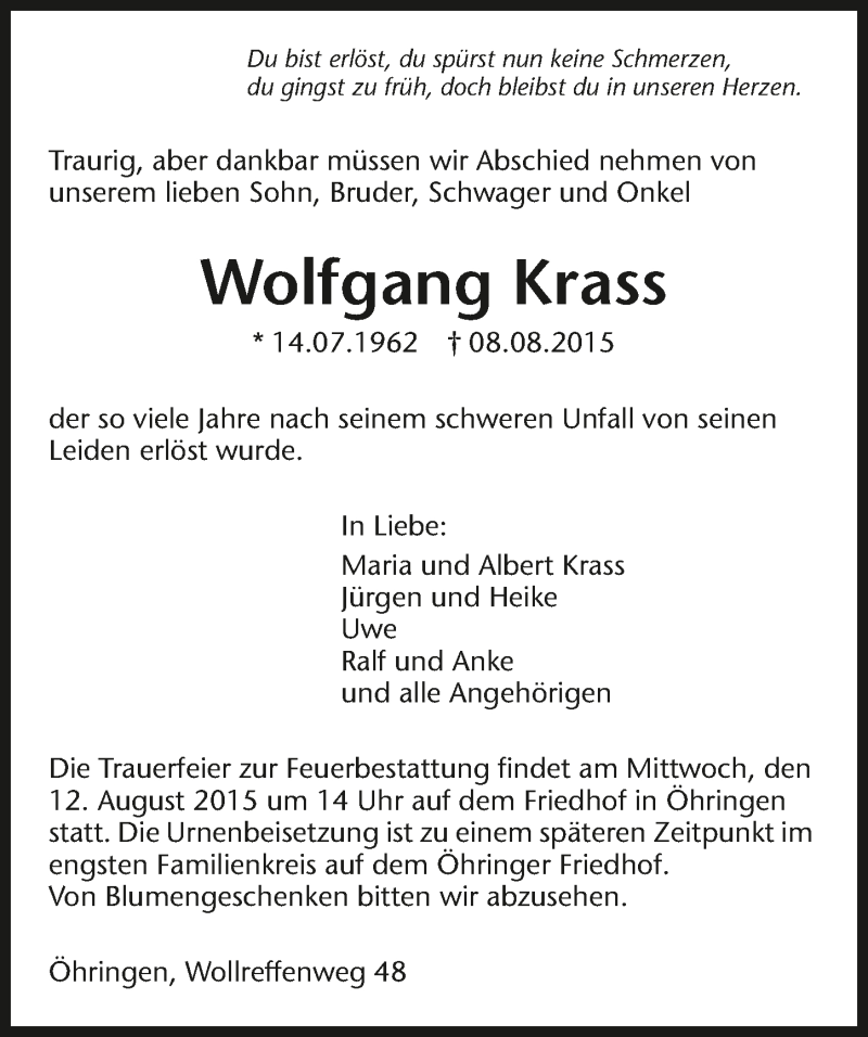 Traueranzeige für Wolfgang Krass vom 11.08.2015 aus 