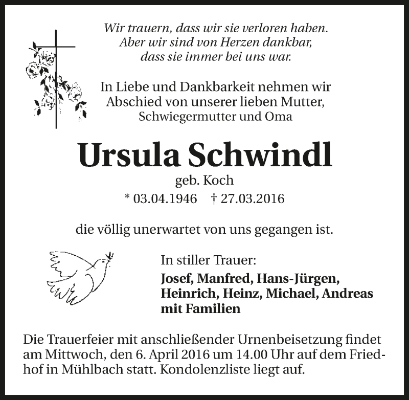  Traueranzeige für Ursula Schwindl vom 02.04.2016 aus 