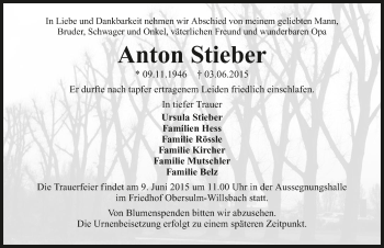 Traueranzeige von Anton Stieber 