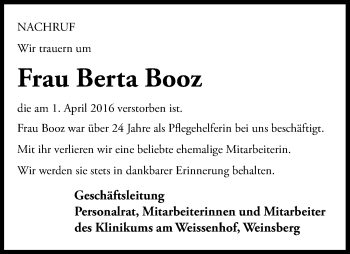 Traueranzeige von Berta Booz 