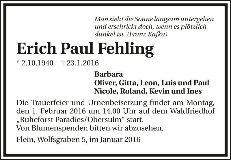  Traueranzeige für Erich Paul Fehling vom 27.01.2016 aus 