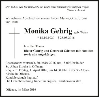 Traueranzeige von Monika Gehrig 