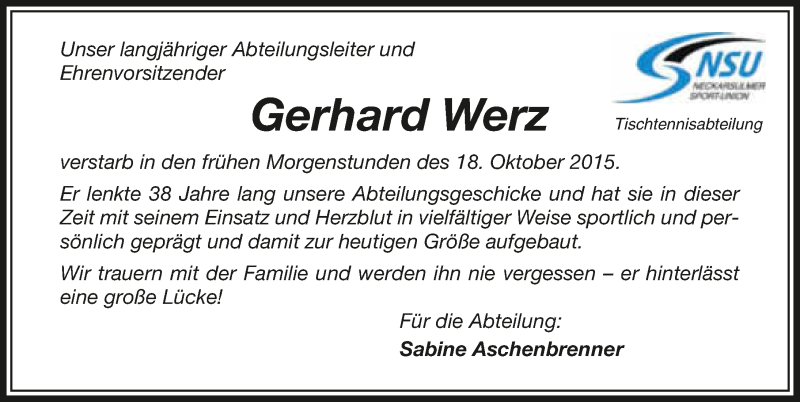  Traueranzeige für Gerhard Werz vom 21.10.2015 aus 