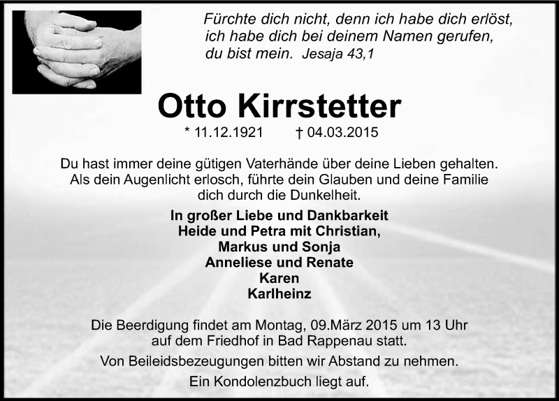  Traueranzeige für Otto Kirrstetter vom 06.03.2015 aus 